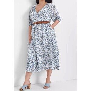 Lane Bryant Blue Floral Puff Sleeve Tuck Detail Midi Dress 22